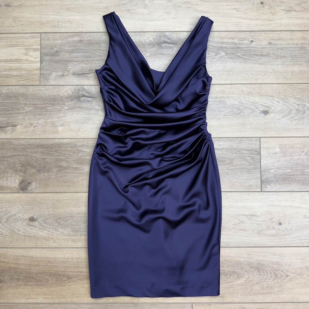 Davids Bridal Navy Blue Satin Ruched Sheath Cocktail Party Dress Stretch‎ Size 6